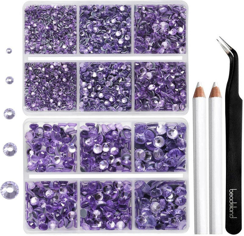 BEADSLAND 6736pcs Hotfix Rhinestones Flatback, Purple Rhinestones for Crafts Clothes Mixed 5 Sizes, Hotfix Crystals with Tweezers and Wax Pencil Kit, SS6-SS30, Violet - Image 1